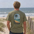 Locals Summer Palm Tee - Faded Army - back, worn on the beach