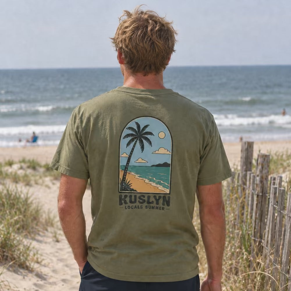 Locals Summer Palm Tee - Faded Army - back, worn on the beach